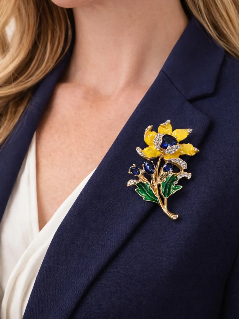 Vintage Style Yellow Enamel Flower Brooch Pin Blue Glass Rhinestone Gold Tone